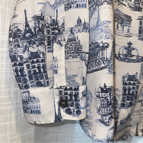 Karl Lagerfeld Womens Blouse XL Paris Print Button Up Roll Tab Parisian Scene - Picture 8 of 15
